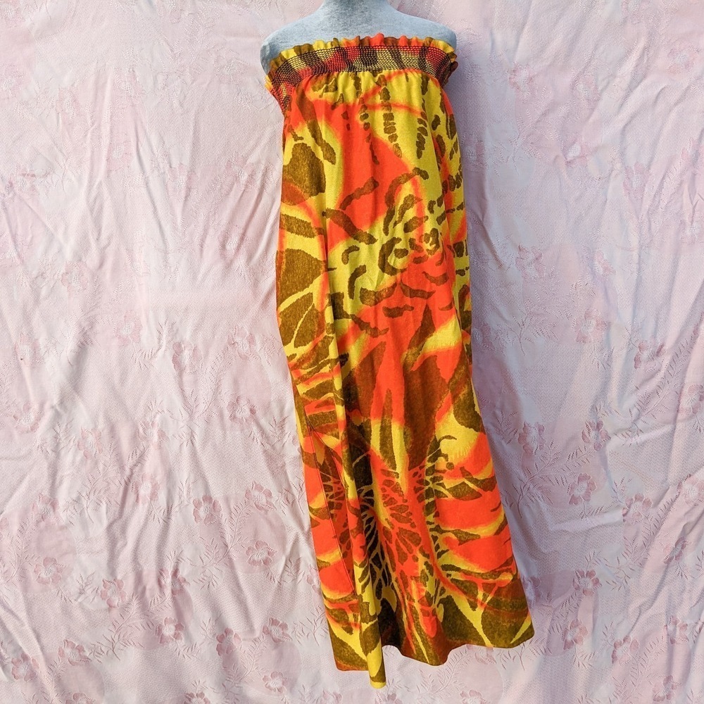 Vintage 70s Hawaiian Strapless Maxi Dress M ILGWU Neon Abstract Tiki Resort - Picture 3 of 15